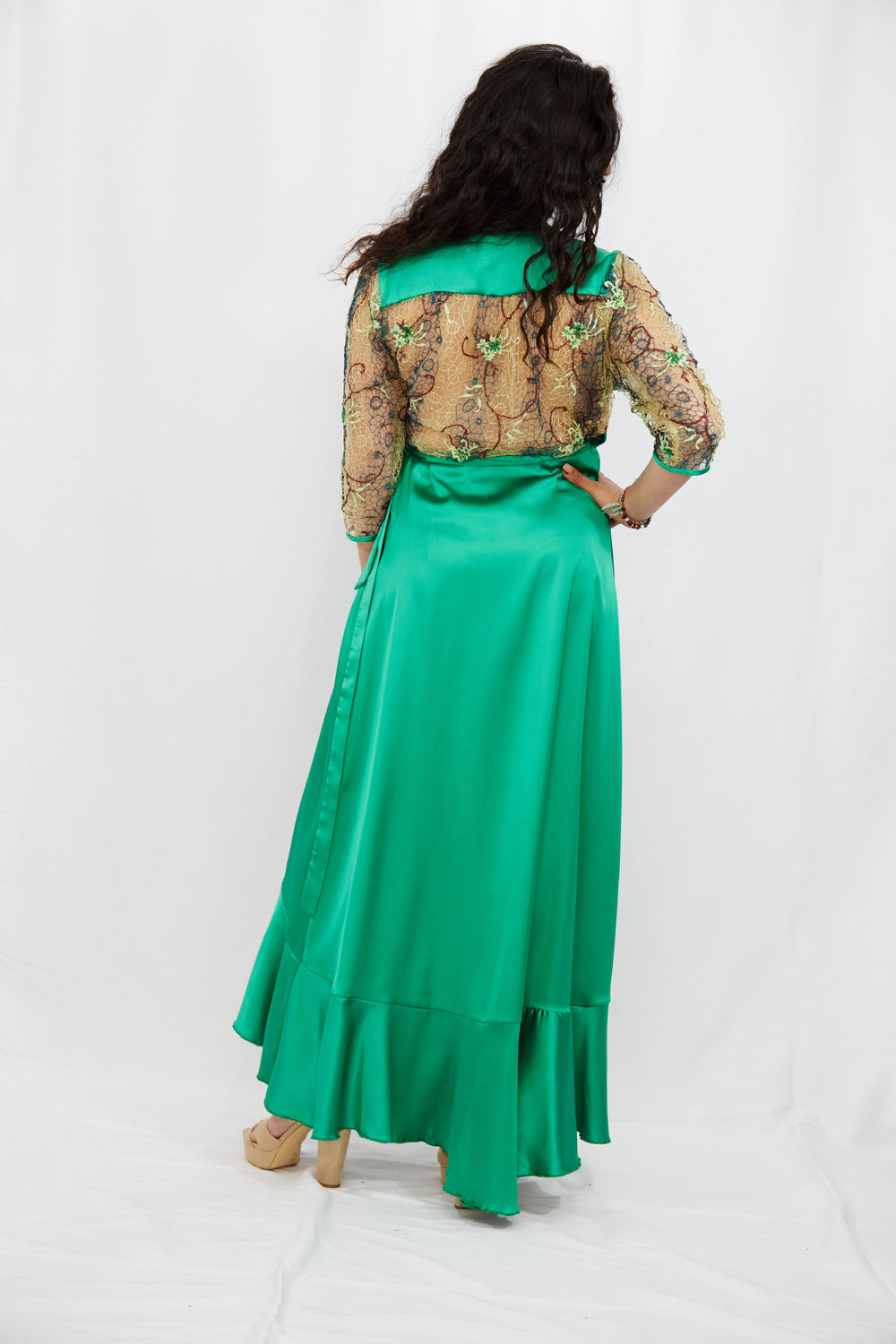 Emerald Green Wrap Dress in Silk-Satin - Vz Collection