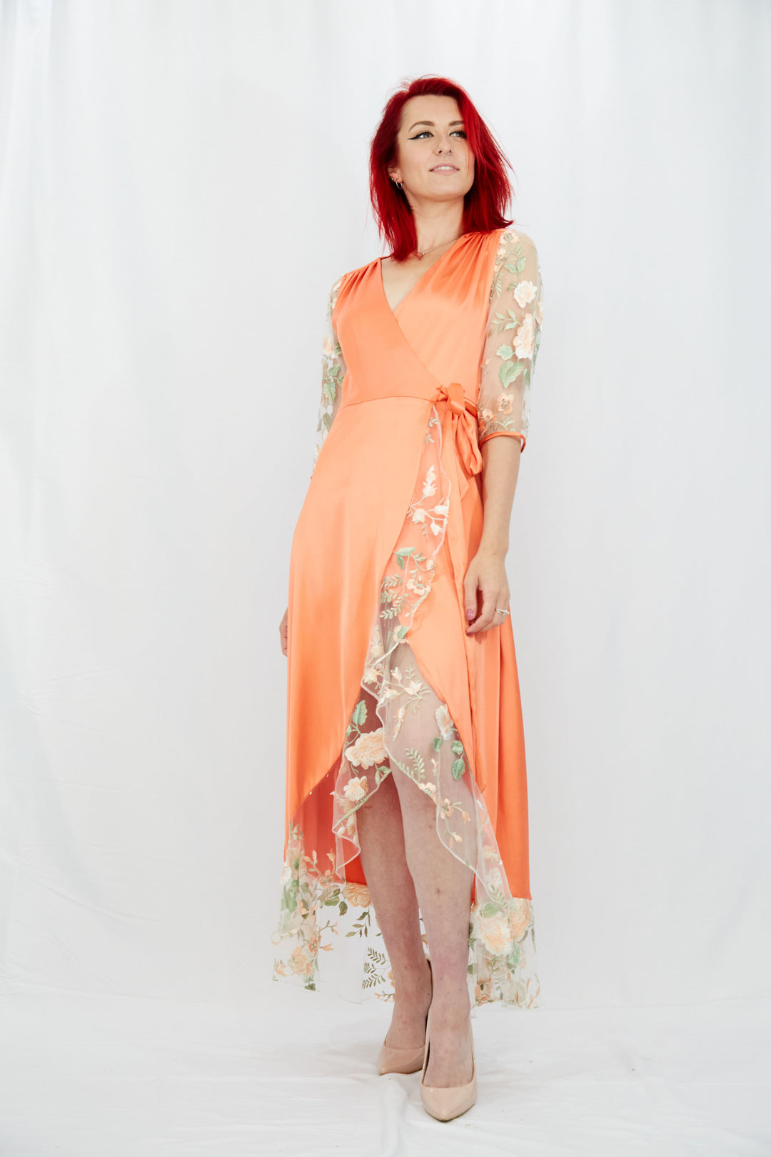 Coral Wrap Dress in Silk-Satin - Vz Collection