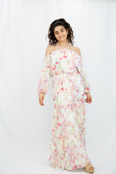 Floral Print Georgette Silk Long Maxi Dress - Vz Collection