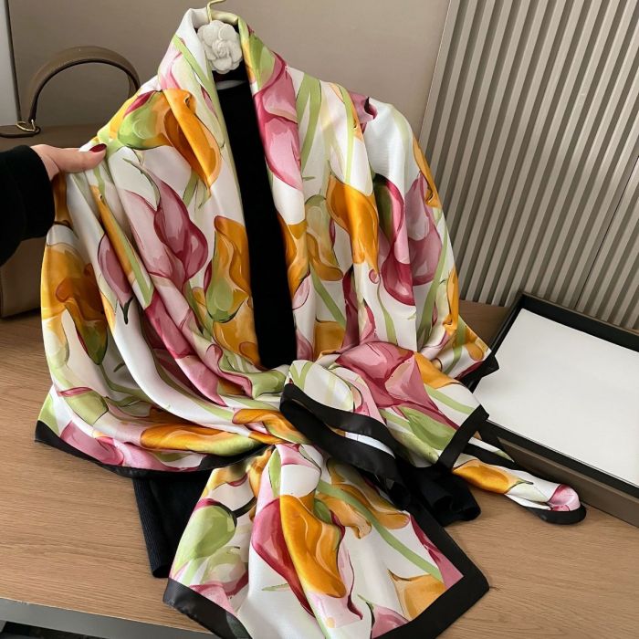Calla Lily Motif Scarf in Cream/Orange