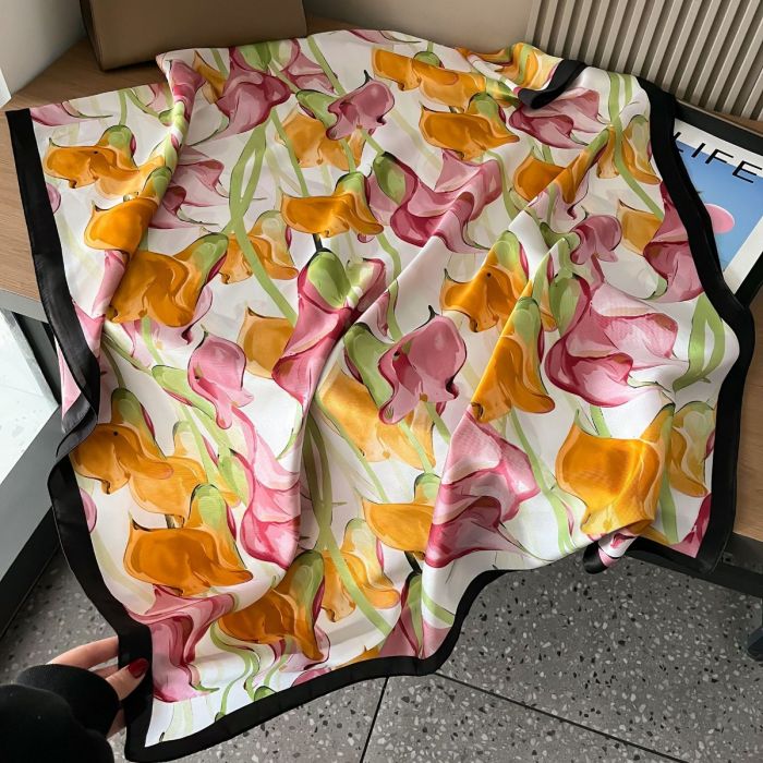 Calla Lily Motif Scarf in Cream/Orange