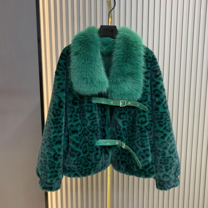 Leopard Print Buckled Faux Fur Jacket