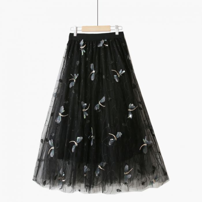 Midi Skirt with Dragonfly Appliques in Black Tulle