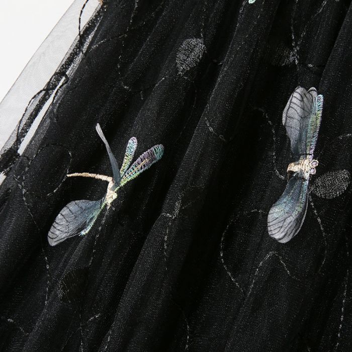 Midi Skirt with Dragonfly Appliques in Black Tulle