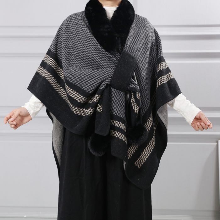 Luxurious Zigzag Poncho with Faux Fur