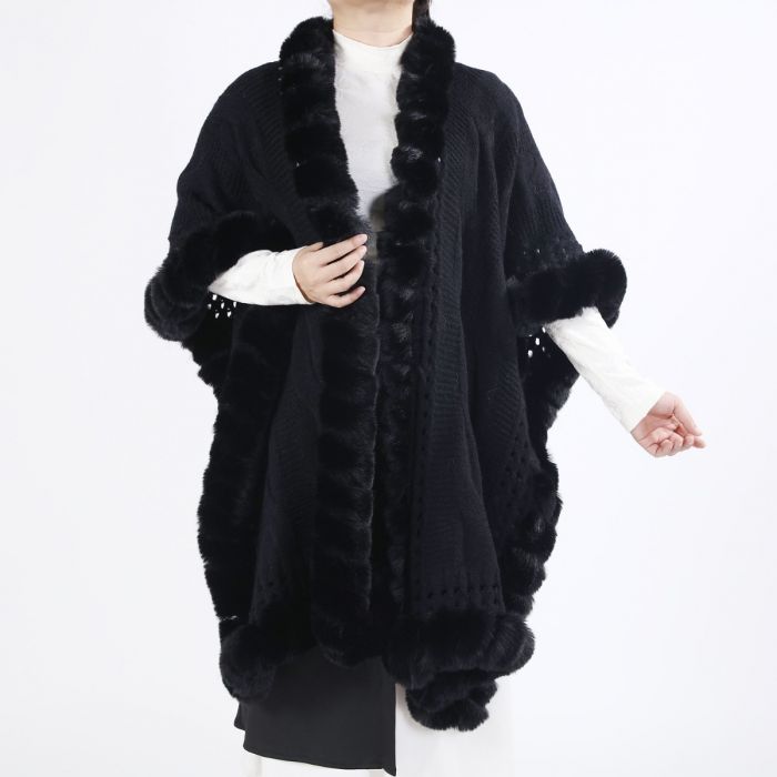 Luxurious Knitted Faux Fur Trim Cape