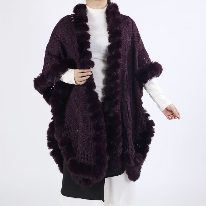 Luxurious Knitted Faux Fur Trim Cape