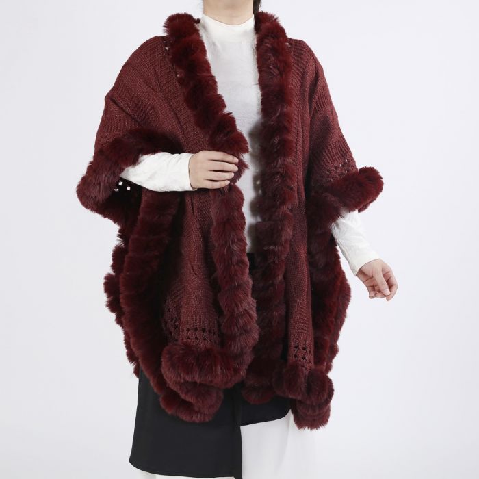 Luxurious Knitted Faux Fur Trim Cape