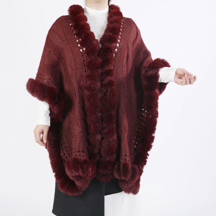 Luxurious Knitted Faux Fur Trim Cape