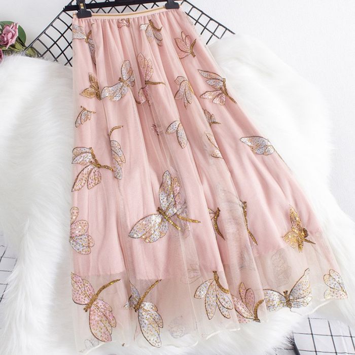 Sequined Dragonfly Embroidery Mesh Blush Pink Tulle Skirt