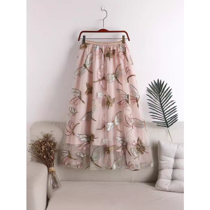 Sequined Dragonfly Embroidery Mesh Blush Pink Tulle Skirt