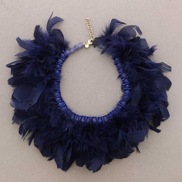 Navy Crystal  & Feather Necklace