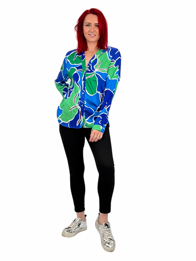 Collarless Blue and Green Pattern Shirt - Vz Collection