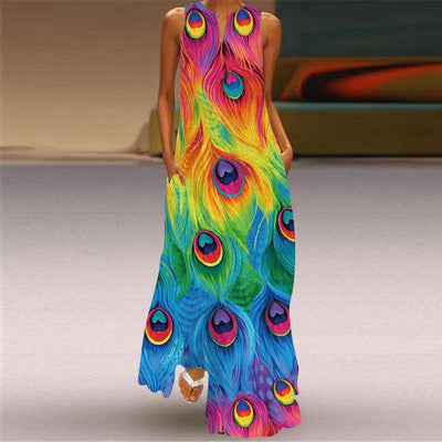Digital Printed Peacock Feather Maxi Dress - Vz Collection