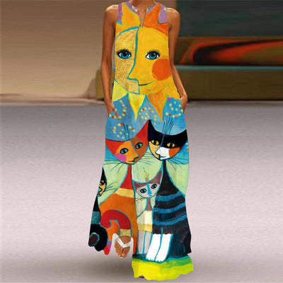Digital Printed Cat and Sun Maxi Dress - Vz Collection