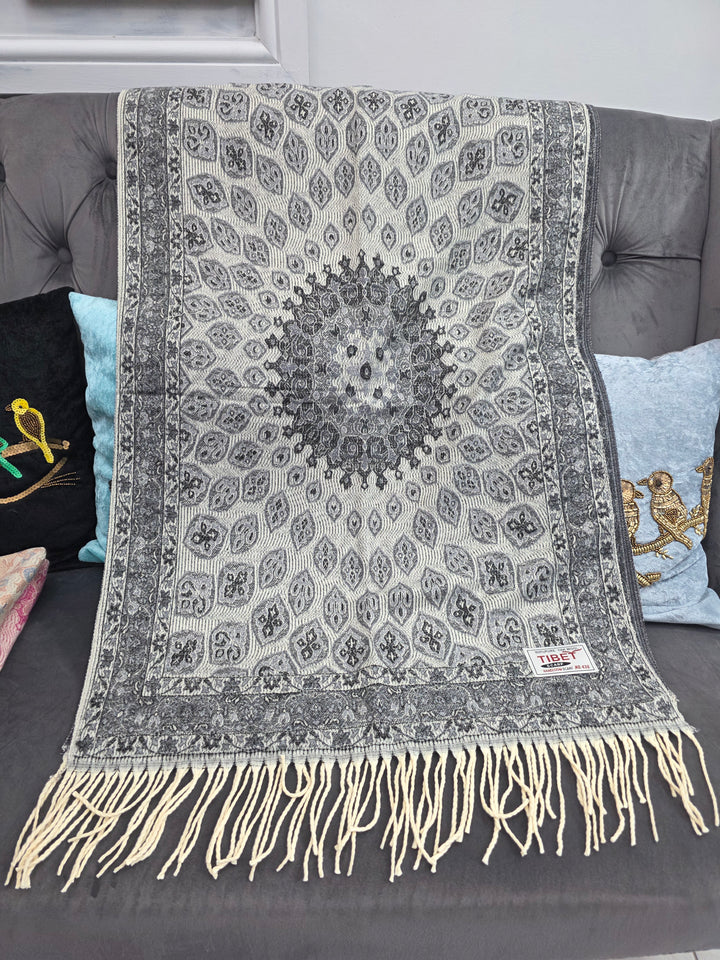 Black With Grey  Mandala Pattern Scarf/Stall in 100% Yak's Wool