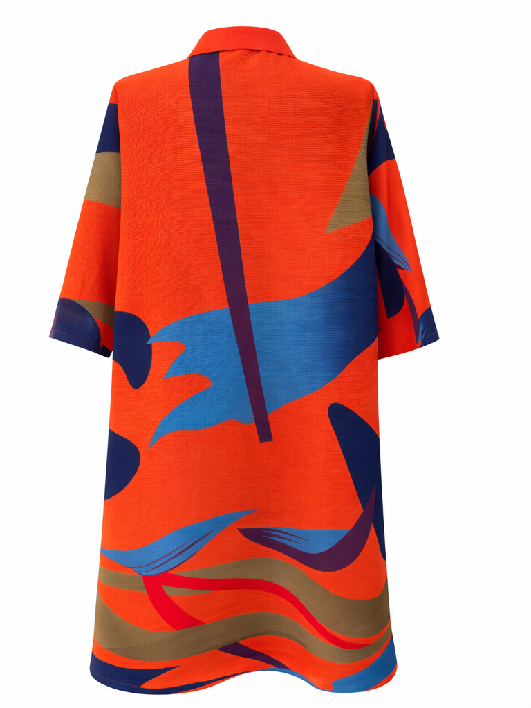Aurora Plissé Abstract Print Shirt Dress - Orange - Vz Collection