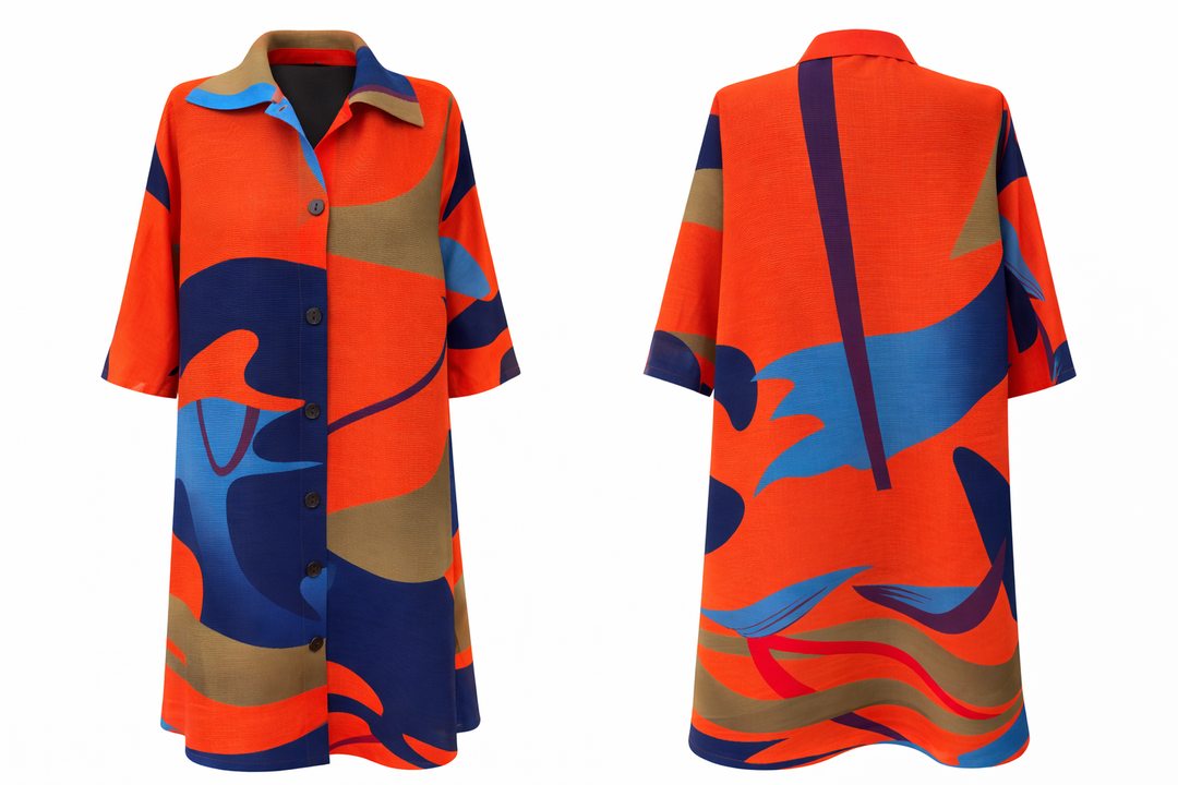 Aurora Plissé Abstract Print Shirt Dress - Orange - Vz Collection