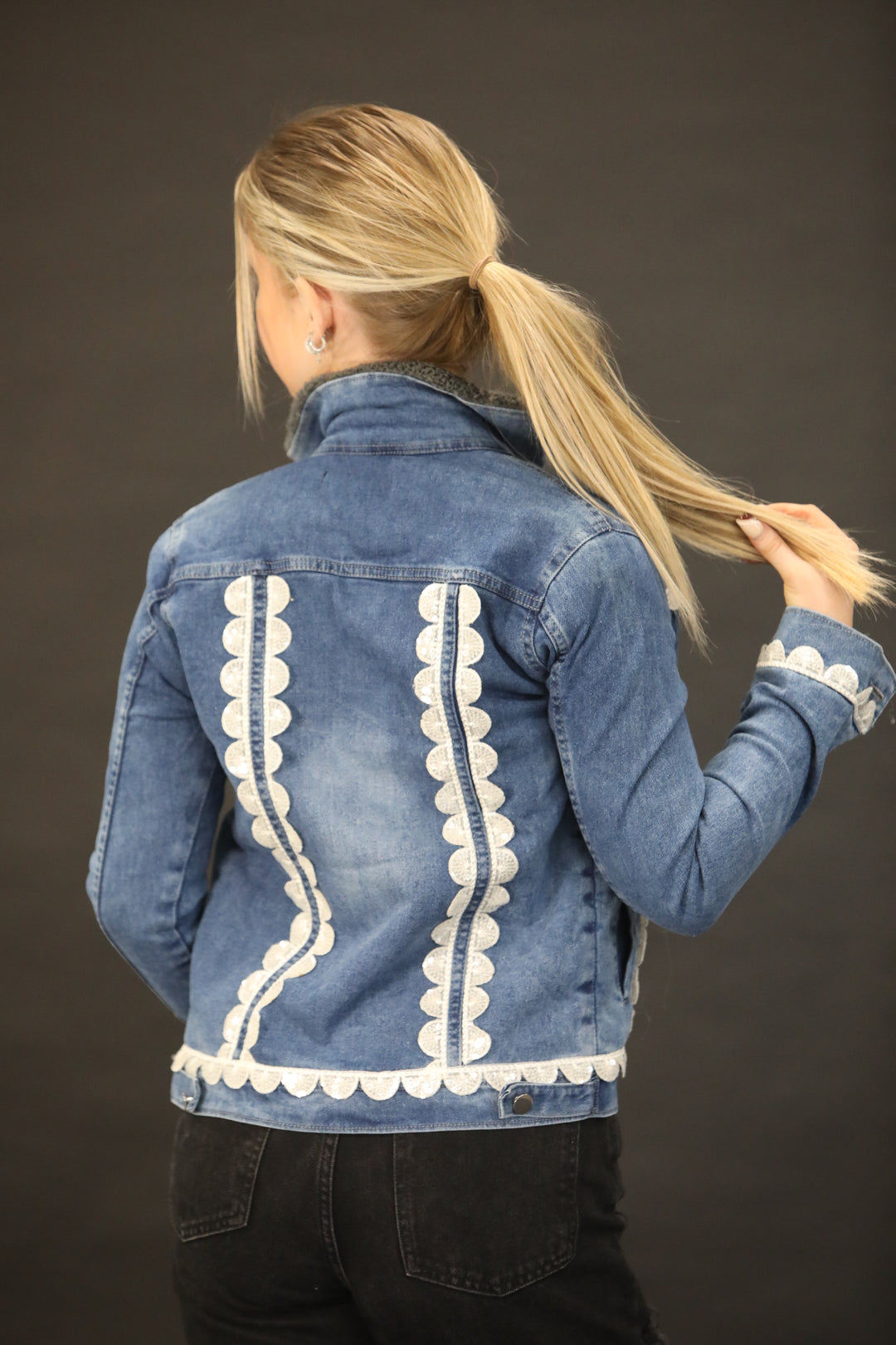 Luxury Fur Lined Denim Jacket with Hand Embellished White Lace Detailing – One of a Kind Couture Piece - Vz Collection