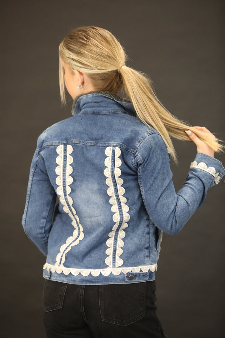 Luxury Fur Lined Denim Jacket with Hand Embellished White Lace Detailing – One of a Kind Couture Piece - Vz Collection