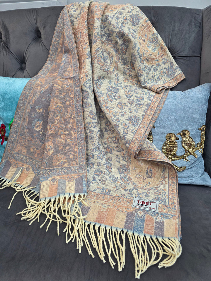 Beige With Grey Paisley Pattern Scarf/Stall in 100% Yak's Wool