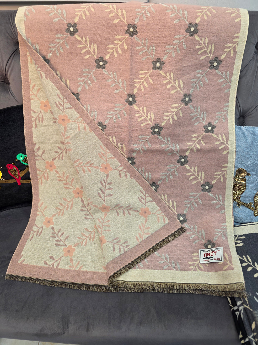 Blush Pink & Beige Reversible Floral Pattern Scarf/Stall in 100% Yak's Wool