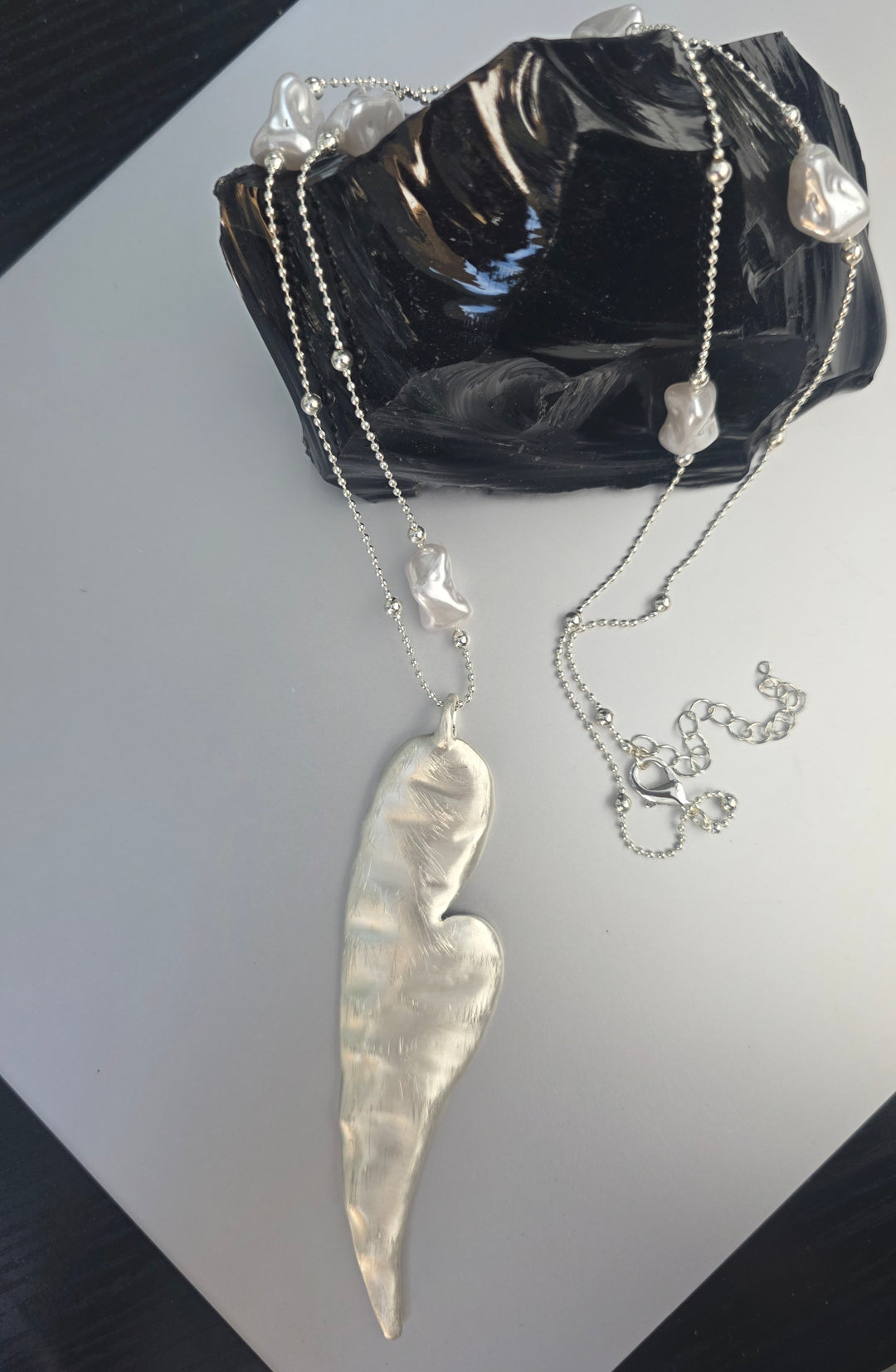 Contemporary Hammered Heart Pendant Long Necklace With Mother Of Pearl Beads