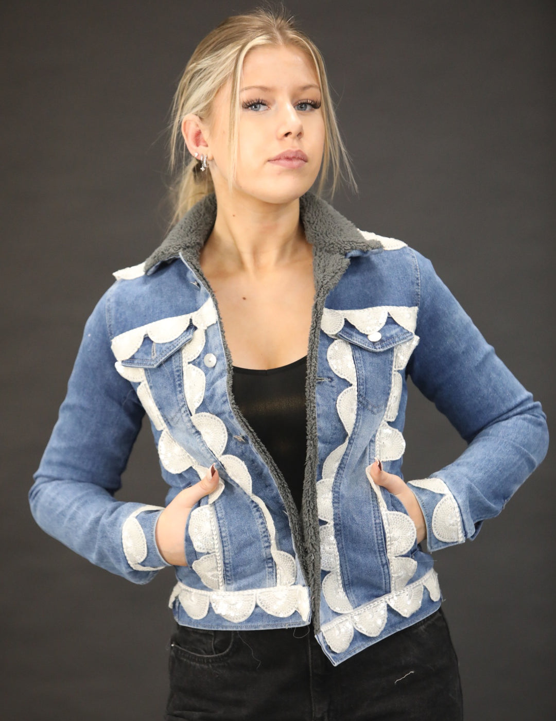 Luxury Fur Lined Denim Jacket with Oversized White Hand Embellishment & Couture Lace Detailing - Vz Collection
