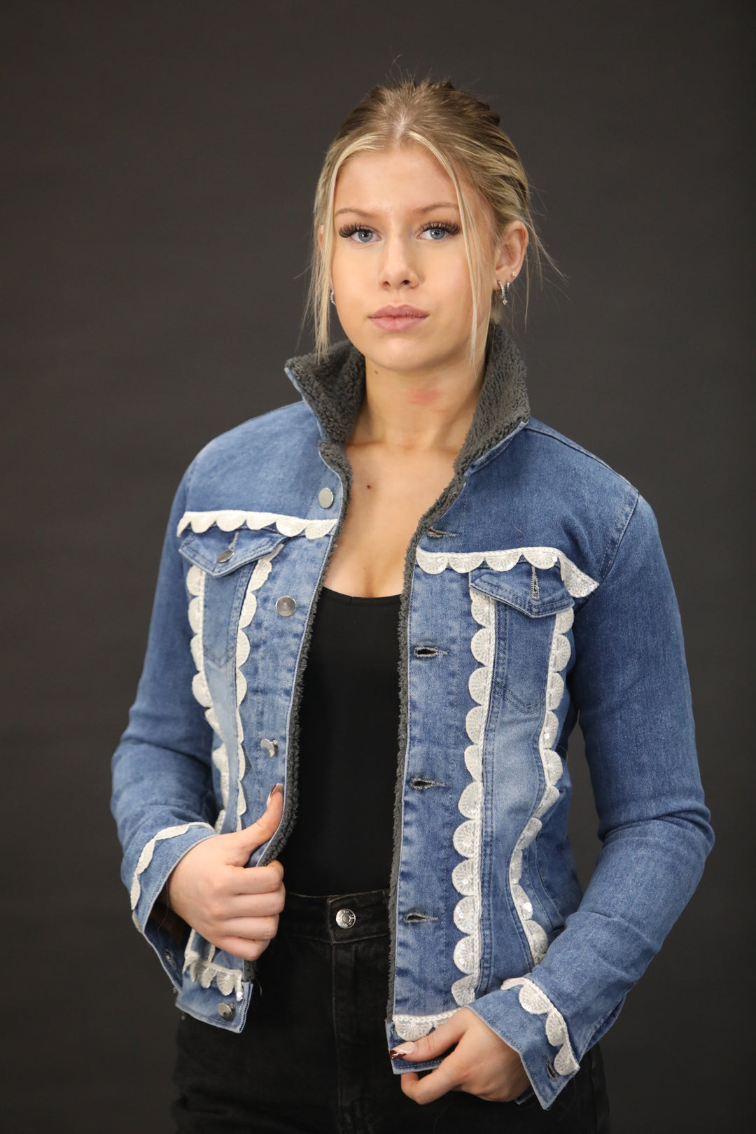 Luxury Fur Lined Denim Jacket with Hand Embellished White Lace Detailing – One of a Kind Couture Piece - Vz Collection