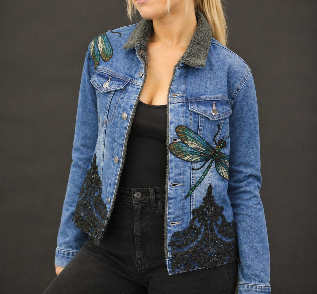 Luxury Couture Denim Jacket with Embroidered Dragonfly Detail & Ornate Lace Appliqué – One of a Kind - Vz Collection