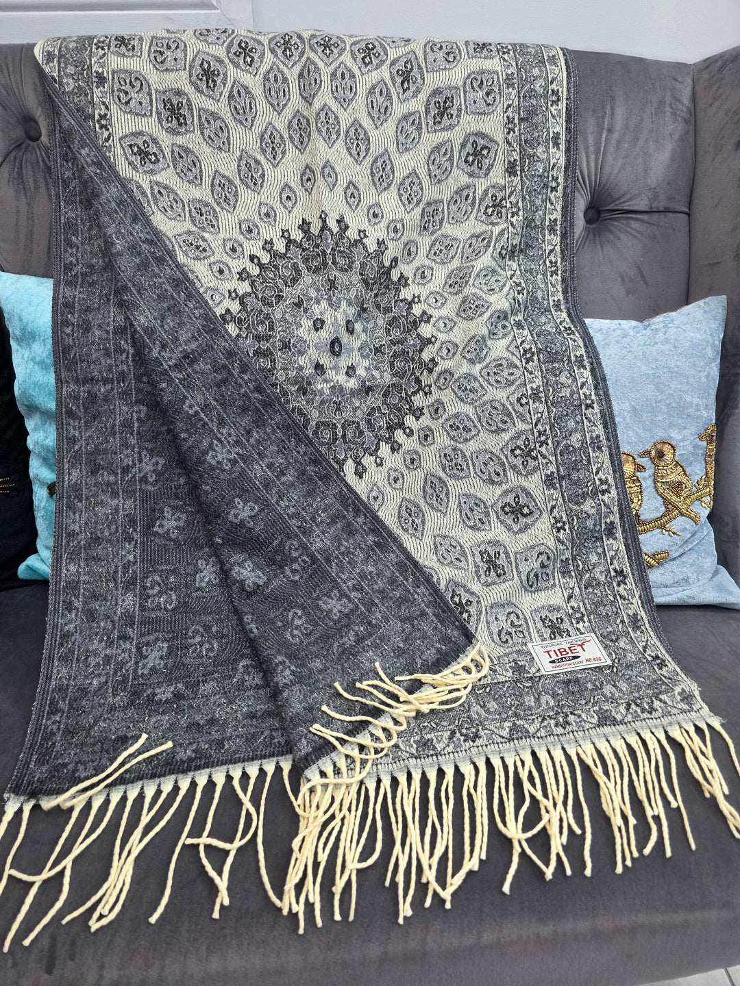 Black With Grey  Mandala Pattern Scarf/Stall in 100% Yak's Wool