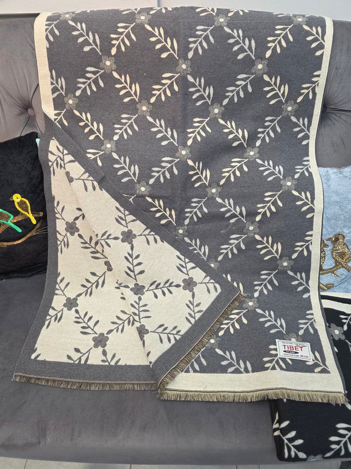 Grey & Beige Reversible Floral Pattern Scarf/Stall in 100% Yak's Wool