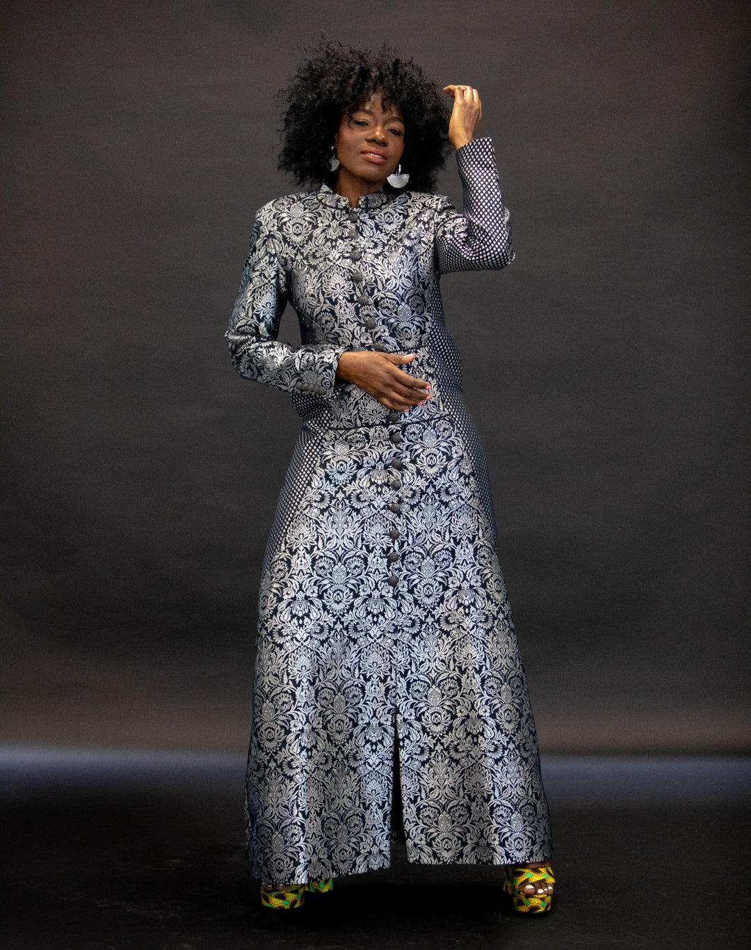 Silver & Black Brocade Handmade Statement Coat - Vz Collection