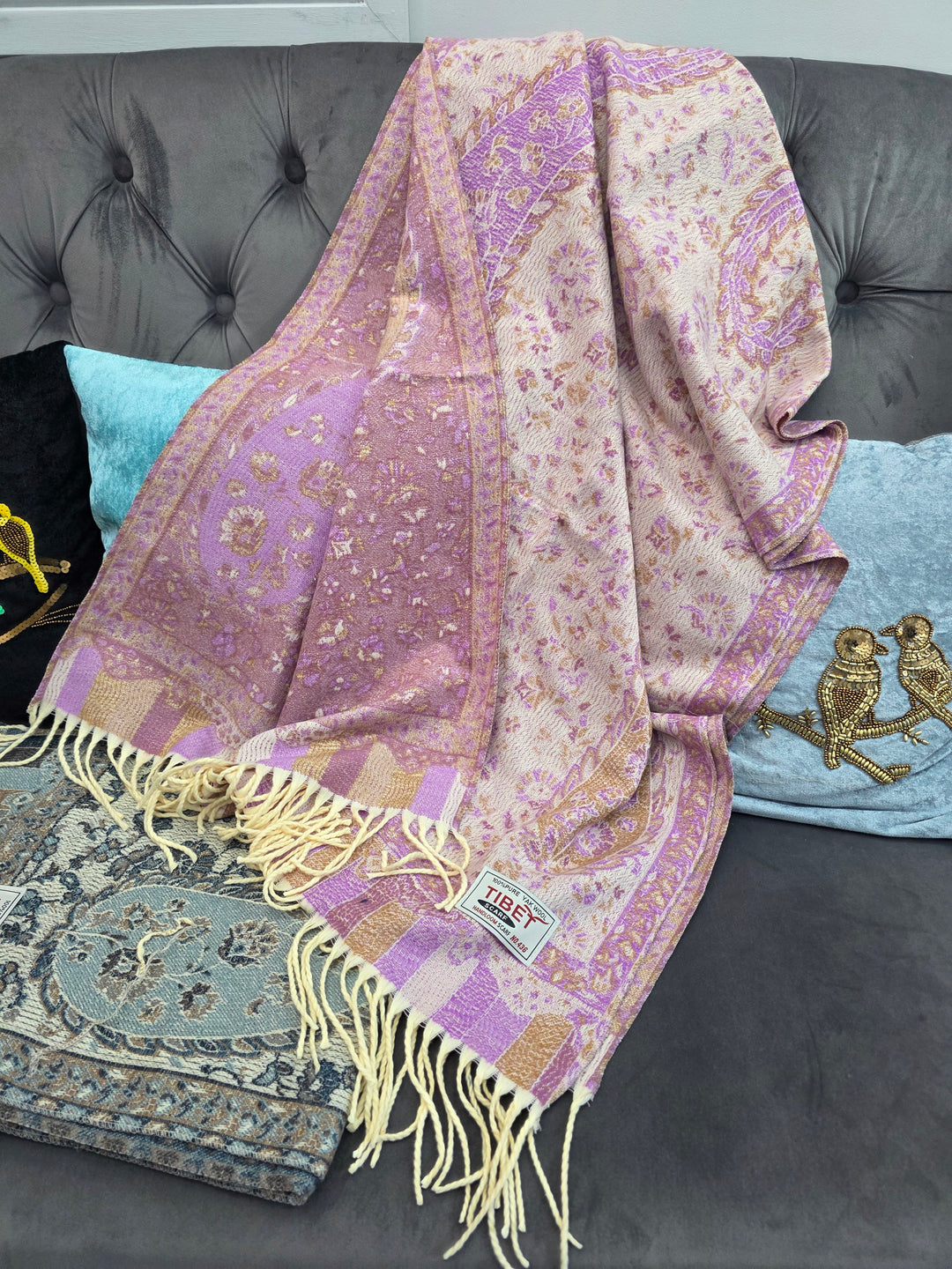 Lilac With Pink Paisley Pattern Scarf/Stall in 100% Yak's Wool