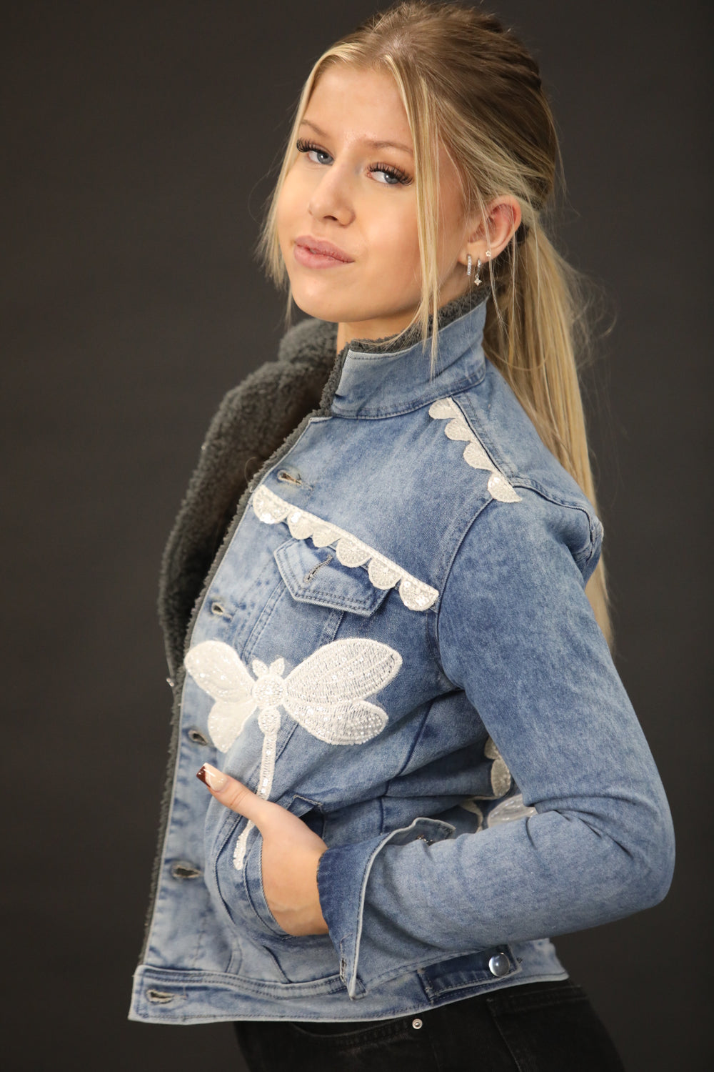 Luxury Fur Lined Denim Jacket with Hand Embellished White Dragonflies & Couture Lace Detailing – One of a Kind - Vz Collection