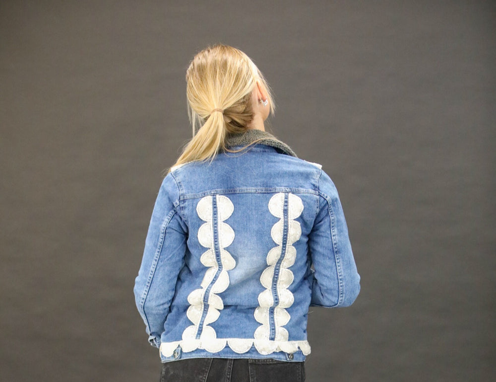 Luxury Fur Lined Denim Jacket with Oversized White Hand Embellishment & Couture Lace Detailing - Vz Collection