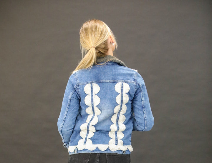 Luxury Fur Lined Denim Jacket with Oversized White Hand Embellishment & Couture Lace Detailing - Vz Collection