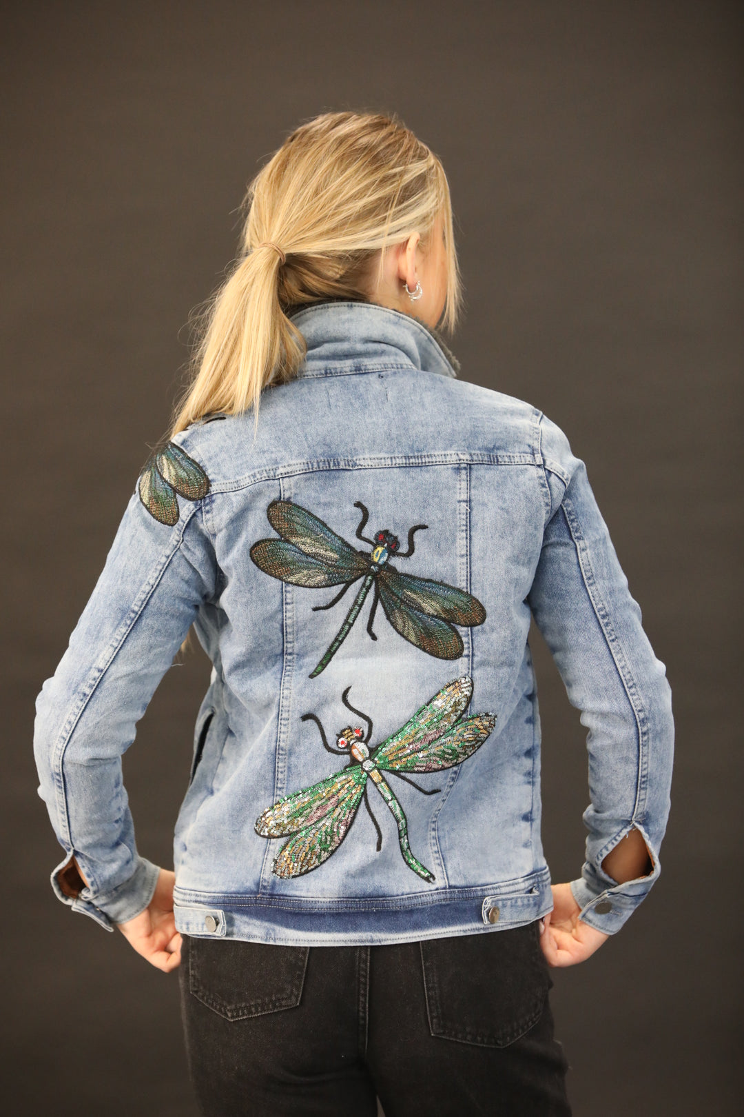 Luxury Fur Lined Denim Jacket with Hand Embellished Dragonfly Embroidery – One of a Kind Couture Piece - Vz Collection