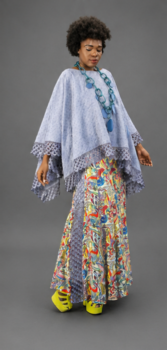 Broidery Glaze Cotton Poncho Top with Lace Edging - Vz Collection