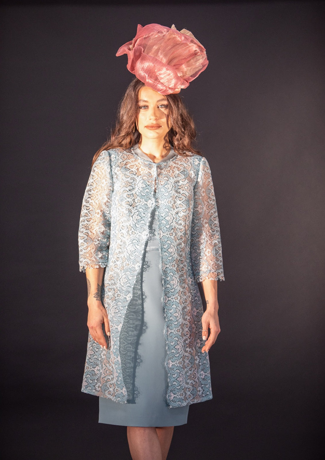 Powder Blue Crepe Silk Mother of the Bride Dress with Lace Coat – Elegant Wedding Outfit UK - Vz Collection
