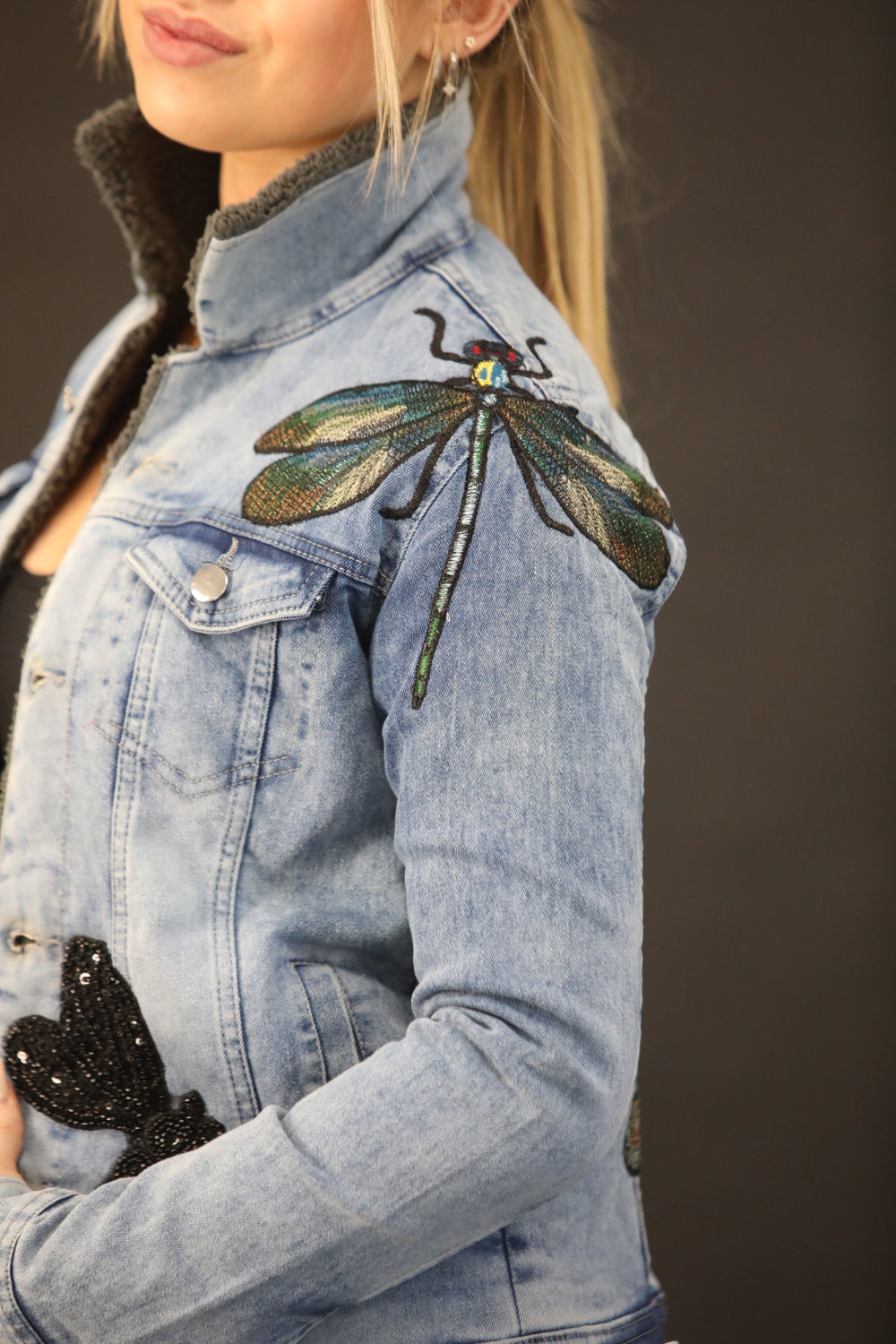 Luxury Fur Lined Denim Jacket with Hand Embellished Dragonfly Embroidery – One of a Kind Couture Piece - Vz Collection
