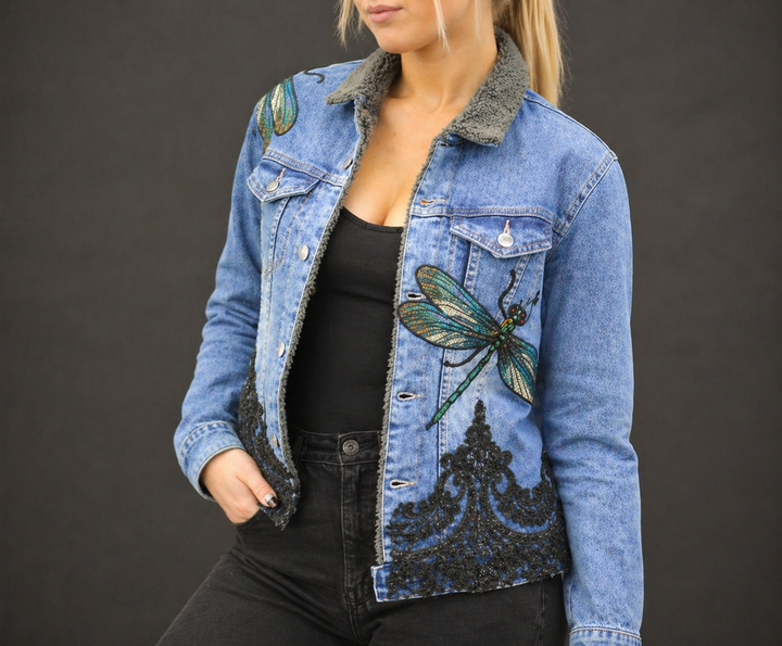 Luxury Couture Denim Jacket with Embroidered Dragonfly Detail & Ornate Lace Appliqué – One of a Kind - Vz Collection