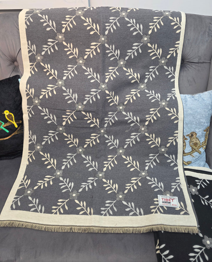 Grey & Beige Reversible Floral Pattern Scarf/Stall in 100% Yak's Wool