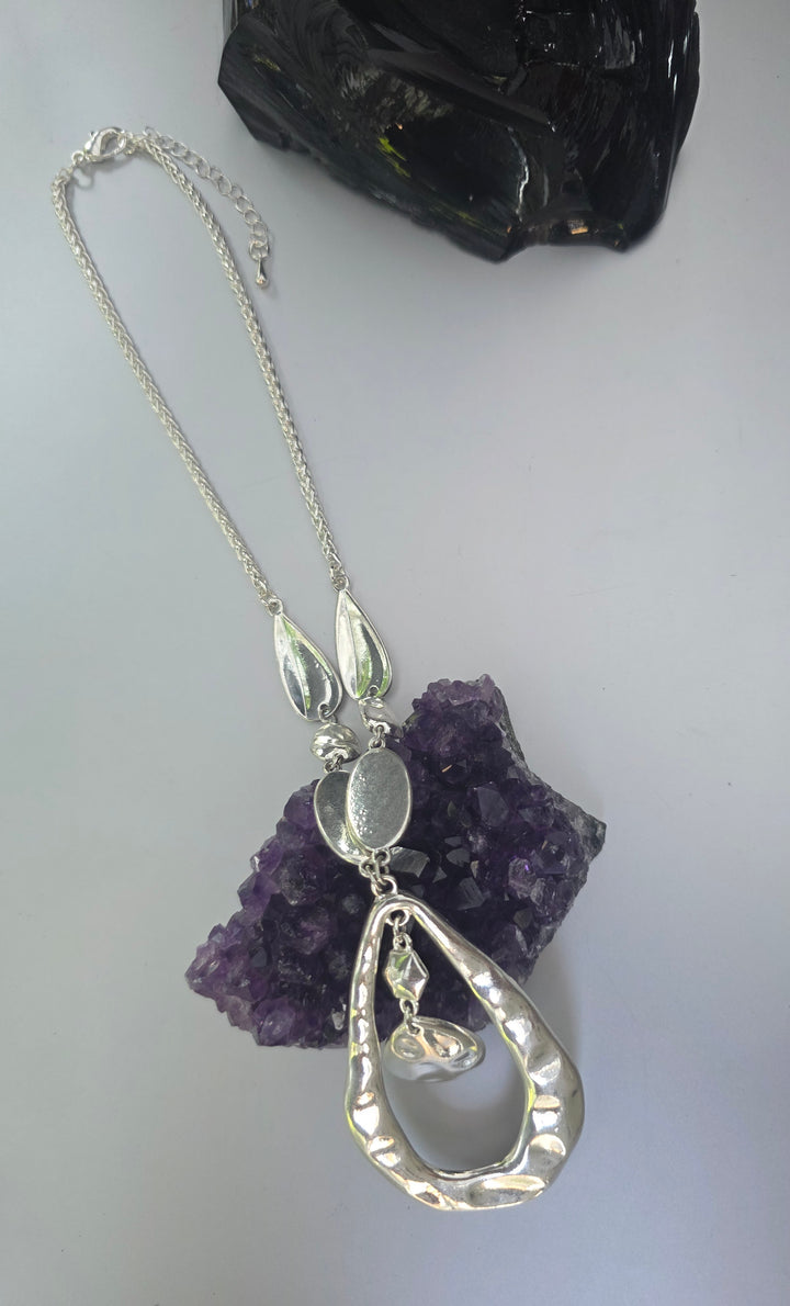 Contemporary Hammered Nickel Free Pearl Drop Necklace