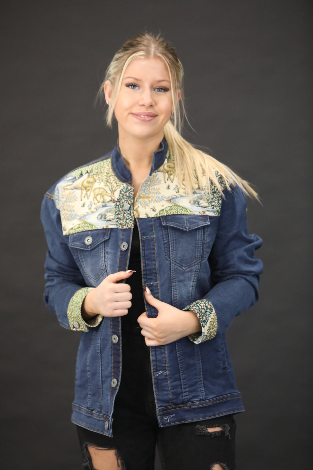 Denim Jacket with Forest Tapestry Panel – One of a Kind Statement Piece - Vz Collection