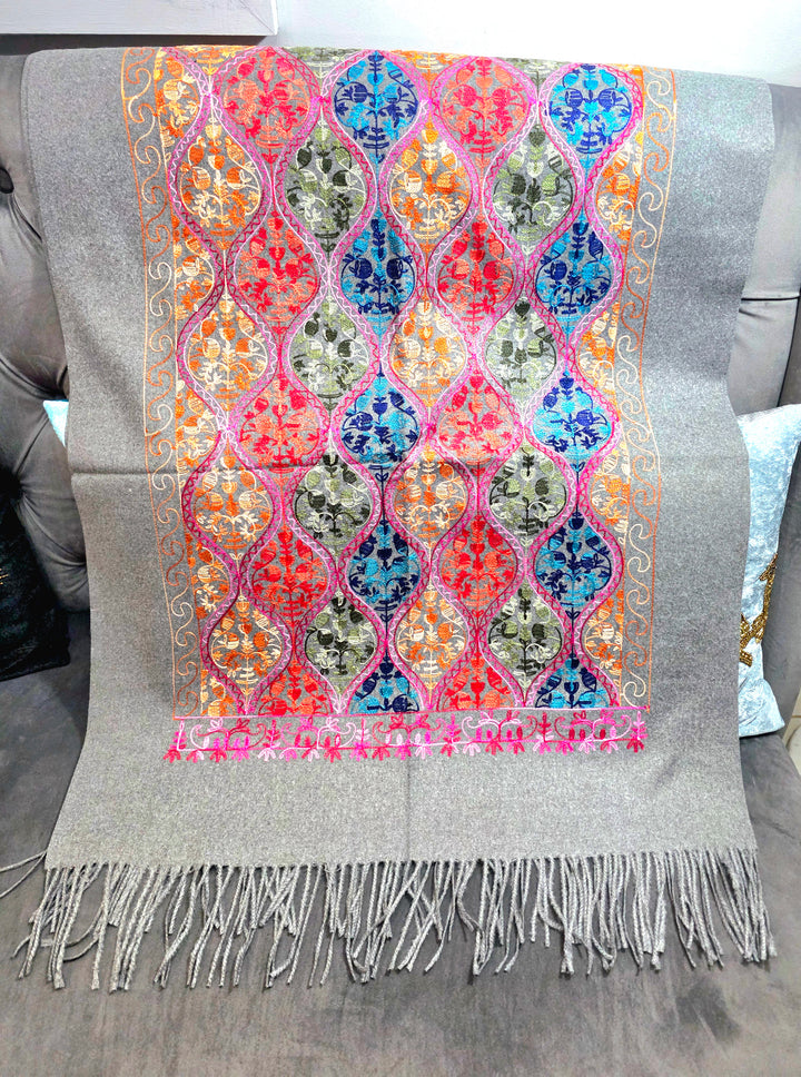 Grey - Hand Embroidered Indian Shawl