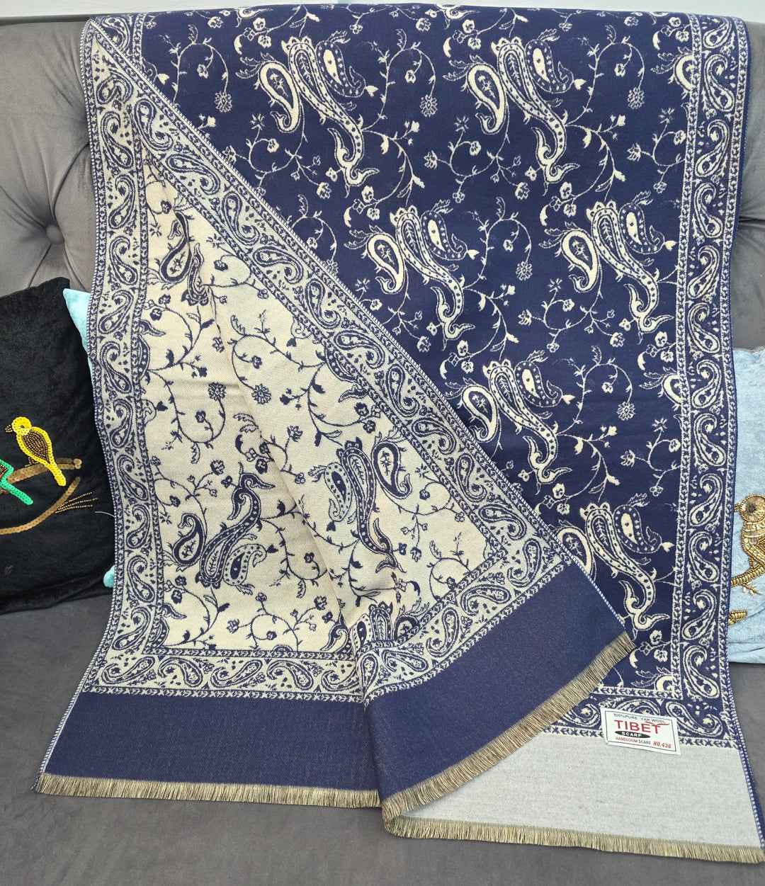 Navy & Beige Reversible Paisley Pattern Scarf/Stall in 100% Yak's Wool