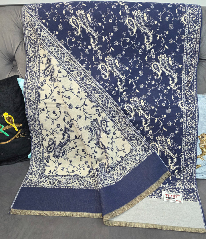 Navy & Beige Reversible Paisley Pattern Scarf/Stall in 100% Yak's Wool