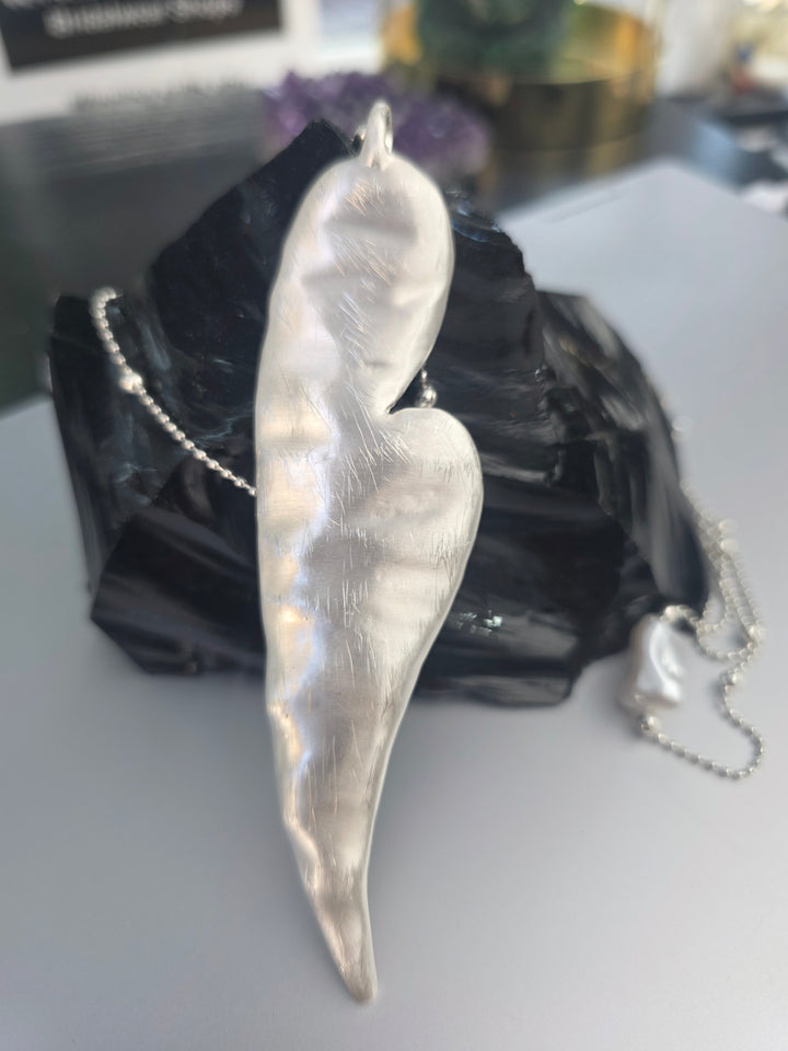 Contemporary Hammered Heart Pendant Long Necklace With Mother Of Pearl Beads