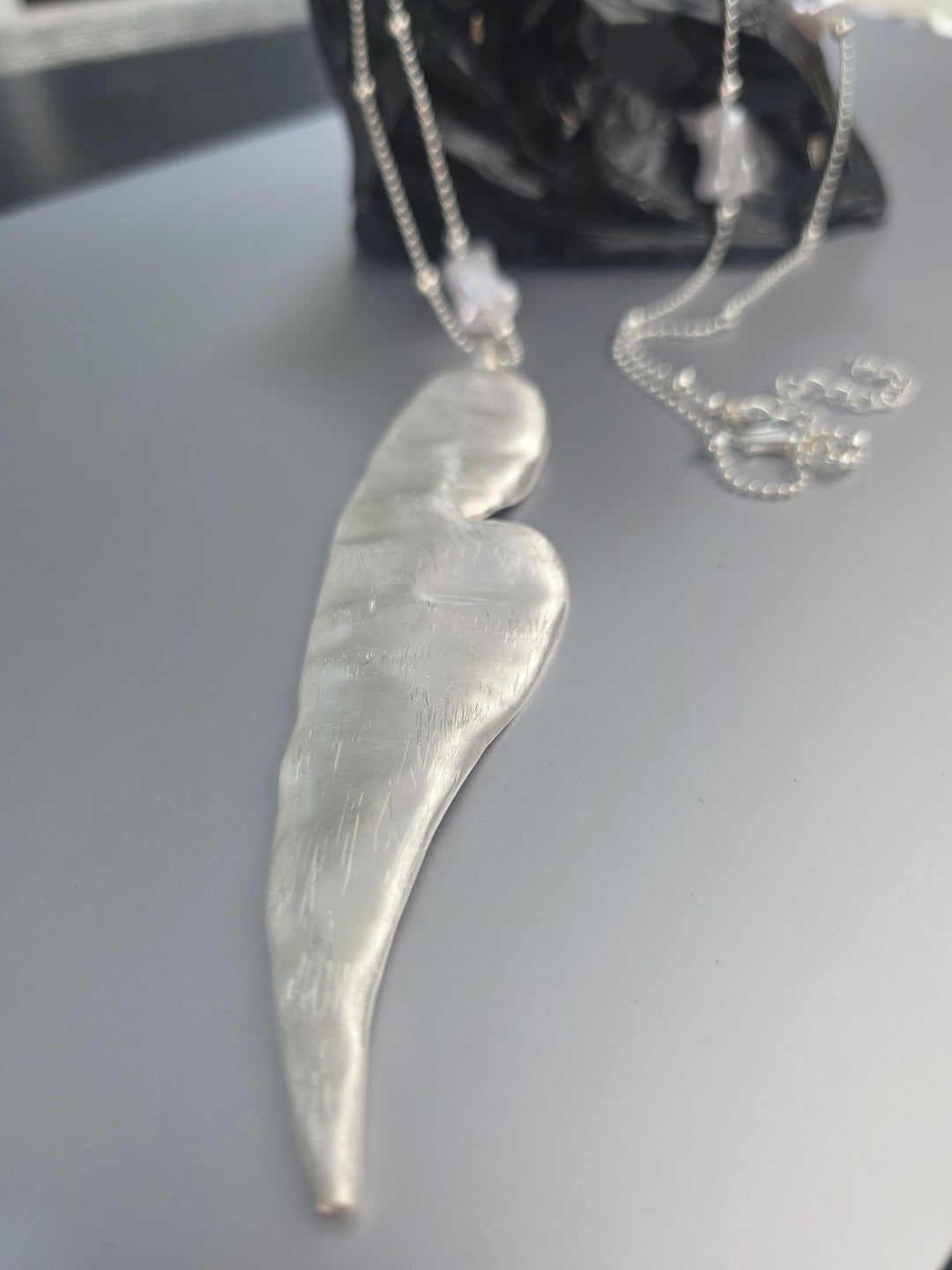 Contemporary Hammered Heart Pendant Long Necklace With Mother Of Pearl Beads